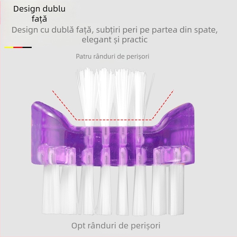 Perie dublă față, multifuncțională pentru curățarea prafului și a unghiilor, corp din plastic transparent; material perie: PP alb; fibre: PP transparent, nylon