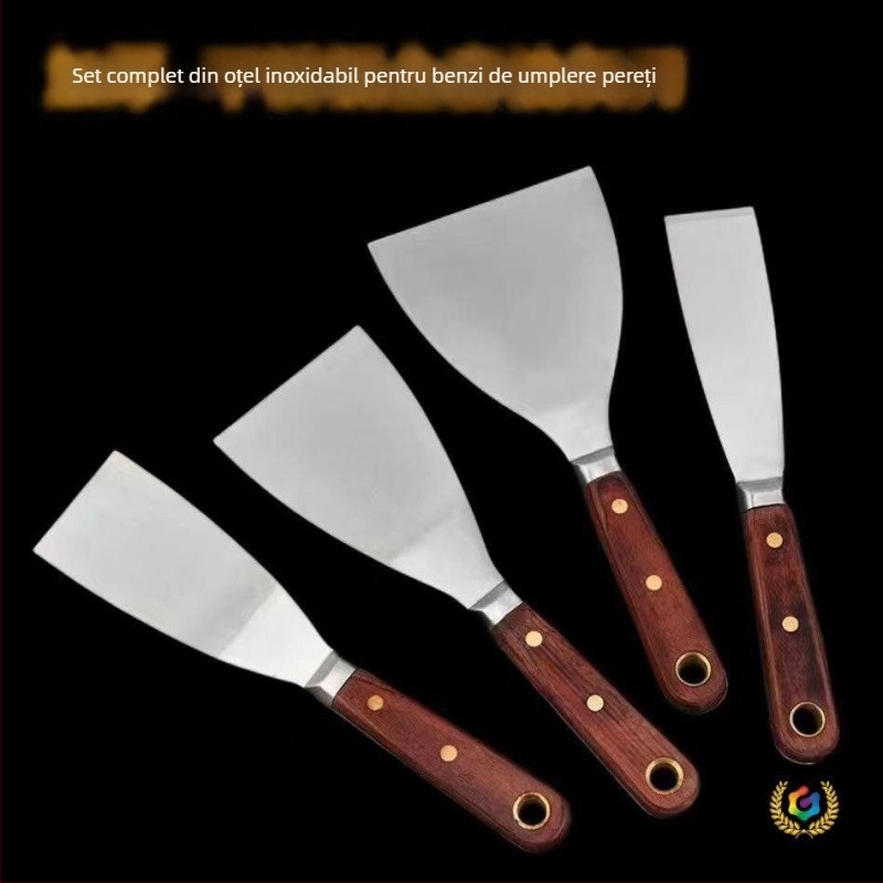Set de spatule pentru vopsea – mâner din lemn, cap din oțel, oțel inoxidabil, patru piese, unealtă de dezghețare