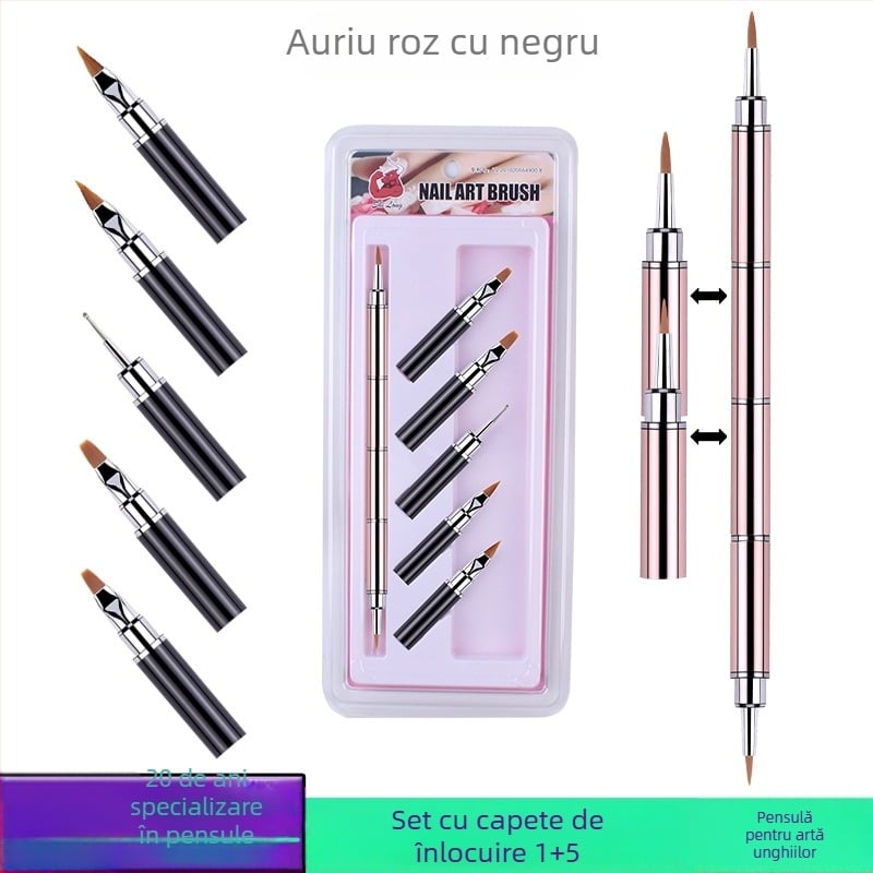 Set de pensule pentru unghii, 10 bucăți, capete înlocuibile, fibre nylon, mâner metalic, design portabil