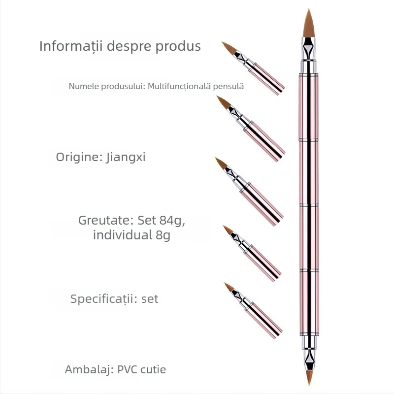 Set de pensule pentru unghii, 10 bucăți, capete înlocuibile, fibre nylon, mâner metalic, design portabil