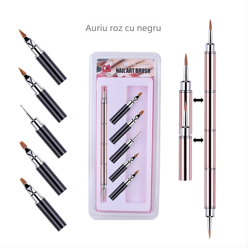 Set de pensule pentru unghii, 10 bucăți, capete înlocuibile, fibre nylon, mâner metalic, design portabil