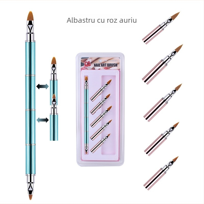 Set de pensule pentru unghii, 10 bucăți, capete înlocuibile, fibre nylon, mâner metalic, design portabil