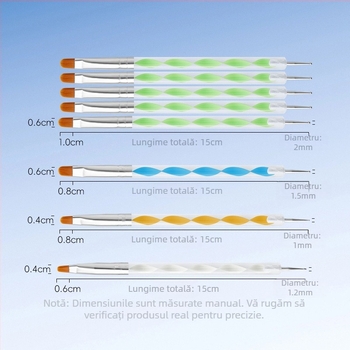 Set pensule gel pentru unghii, 5 bucăți, mâner lung din acrilic, pensule cu capete duble Geliheng