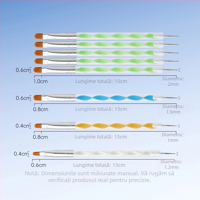 Set pensule gel pentru unghii, 5 bucăți, mâner lung din acrilic, pensule cu capete duble Geliheng