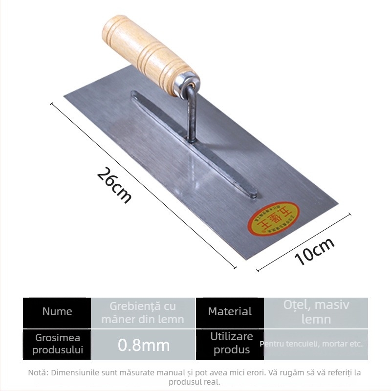 Mistrie de mortar cu mâner din lemn și inel de cupru, lamă din fier, suport pentru mortar