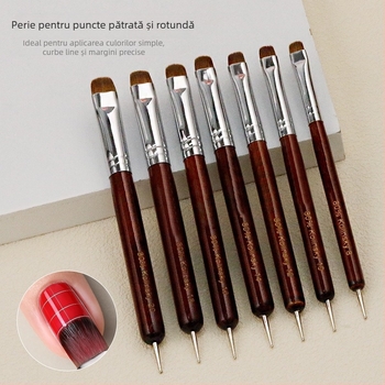 Set pensule unghii pentru artă, 7 piese, mâner din lemn rosewood, vârf rotund din păr mink, design portabil, dual-use pentru dotare și desen