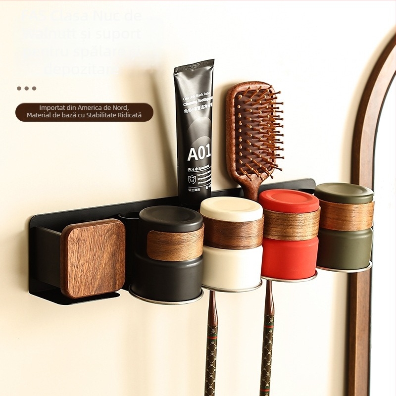 Suport pentru periute de dinți cu set de pahare pentru clătire, aluminiu Space, montaj încastrat, instalare fără găuri, imprimare logo disponibil