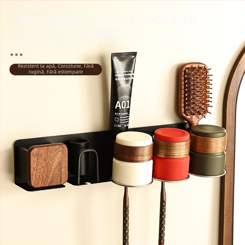 Suport pentru periute de dinți cu set de pahare pentru clătire, aluminiu Space, montaj încastrat, instalare fără găuri, imprimare logo disponibil