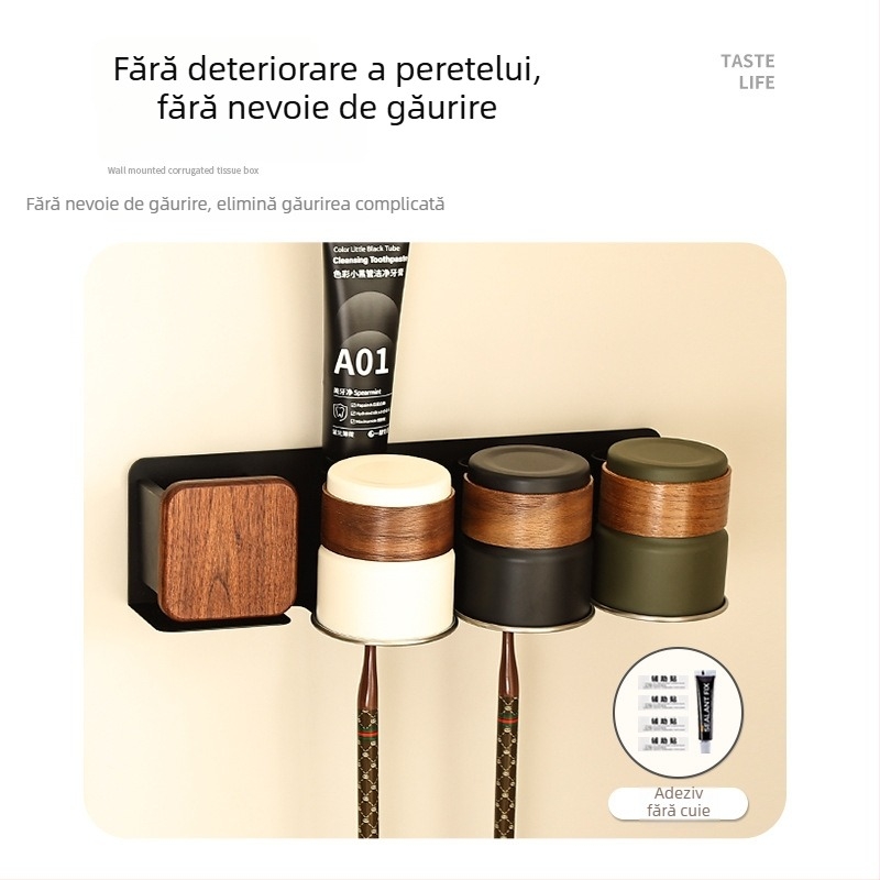 Suport pentru periute de dinți cu set de pahare pentru clătire, aluminiu Space, montaj încastrat, instalare fără găuri, imprimare logo disponibil