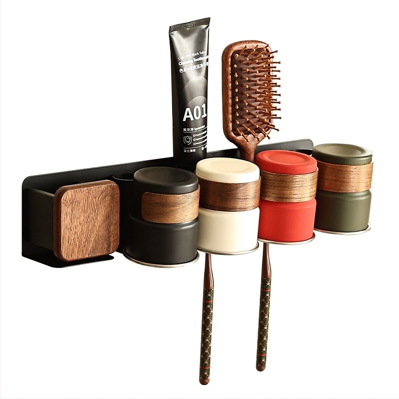 Suport pentru periute de dinți cu set de pahare pentru clătire, aluminiu Space, montaj încastrat, instalare fără găuri, imprimare logo disponibil