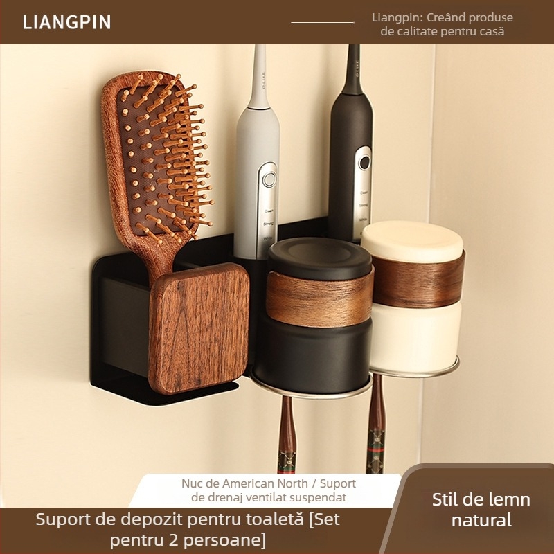 Suport pentru periute de dinți cu set de pahare pentru clătire, aluminiu Space, montaj încastrat, instalare fără găuri, imprimare logo disponibil