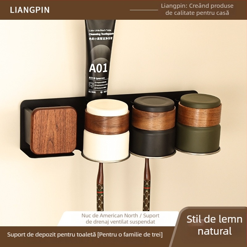 Suport pentru periute de dinți cu set de pahare pentru clătire, aluminiu Space, montaj încastrat, instalare fără găuri, imprimare logo disponibil