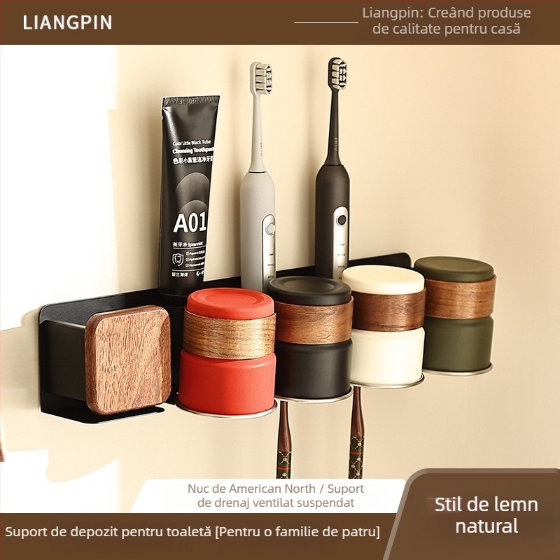 Suport pentru periute de dinți cu set de pahare pentru clătire, aluminiu Space, montaj încastrat, instalare fără găuri, imprimare logo disponibil