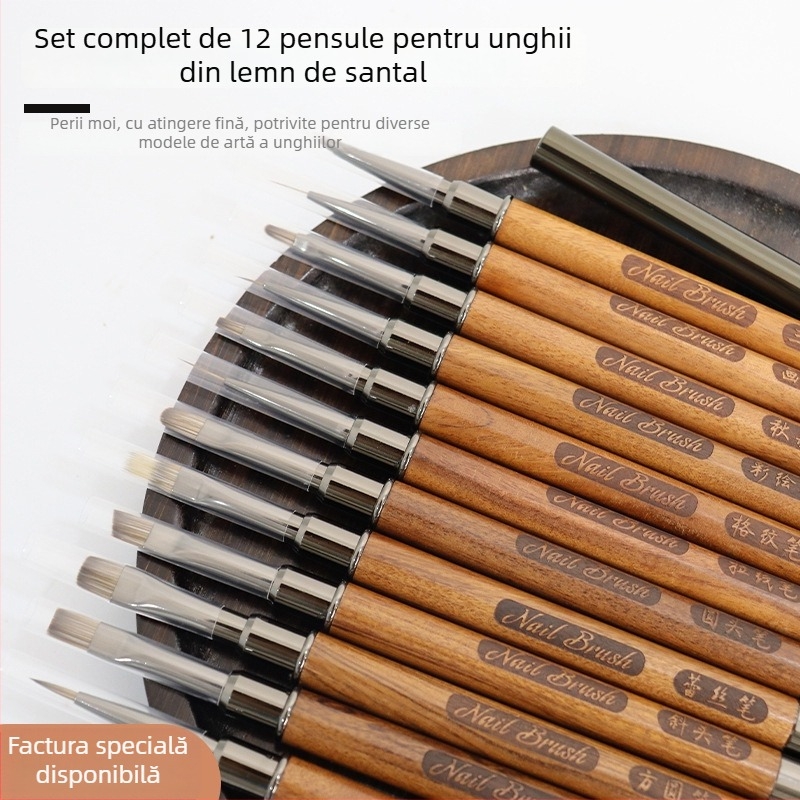 Pensulă pentru unghii cu mâner din lemn, portabilă, set de 12 bucăți, pensulă gravată și pensulă estompare pentru artă unghii