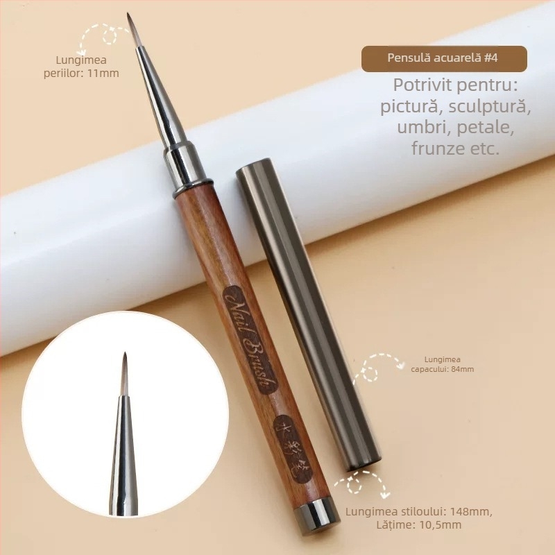 Pensulă pentru unghii cu mâner din lemn, portabilă, set de 12 bucăți, pensulă gravată și pensulă estompare pentru artă unghii