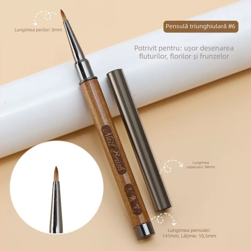 Pensulă pentru unghii cu mâner din lemn, portabilă, set de 12 bucăți, pensulă gravată și pensulă estompare pentru artă unghii