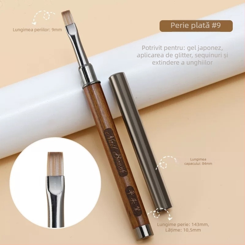 Pensulă pentru unghii cu mâner din lemn, portabilă, set de 12 bucăți, pensulă gravată și pensulă estompare pentru artă unghii