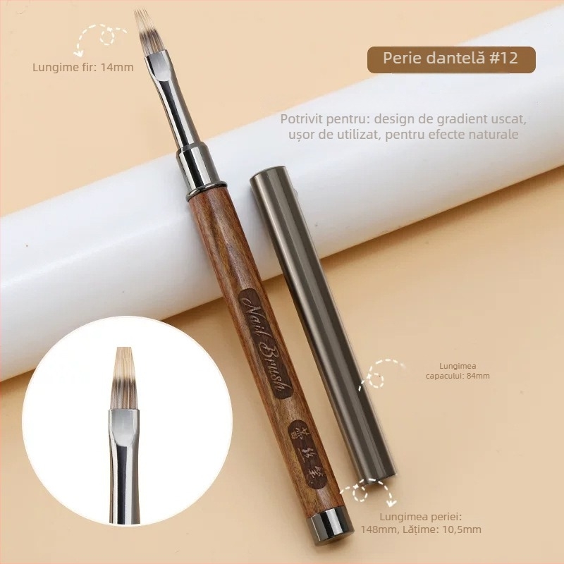 Pensulă pentru unghii cu mâner din lemn, portabilă, set de 12 bucăți, pensulă gravată și pensulă estompare pentru artă unghii