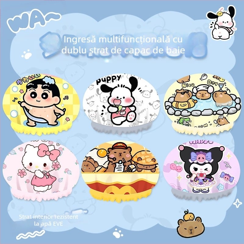 Șapcă de duș cu desene animate, impermeabilă, PVC, dublu strat, reutilizabilă, personalizare disponibilă