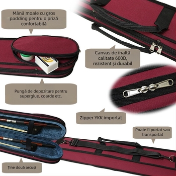 Geantă Violet pentru instrumente muzicale cu husă pentru arcușuri pentru vioară, violoncel și contrabass