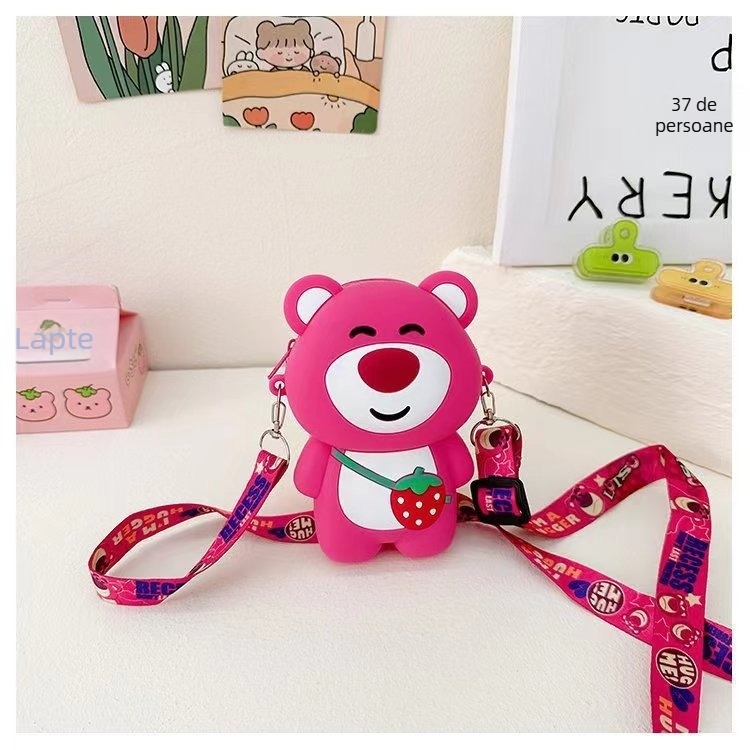 Geantă portofel din silicon cu Strawberry Bear — mini crossbody drăguț, unisex, impermeabil, fără căptușeală, pentru gimnaziu și peste