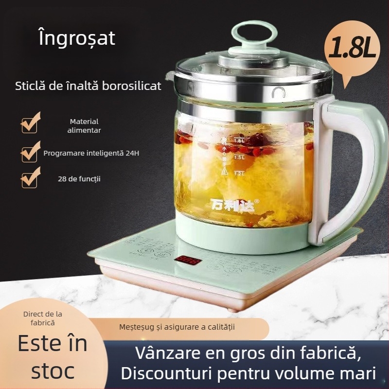 Wanlida Oală de sănătate 1.8L, corp din sticlă borosilicat, control cu microcomputer și termostat digital, 220V, 500–1000W, potrivită pentru ceai și infuzii din plante (4–5 persoane)