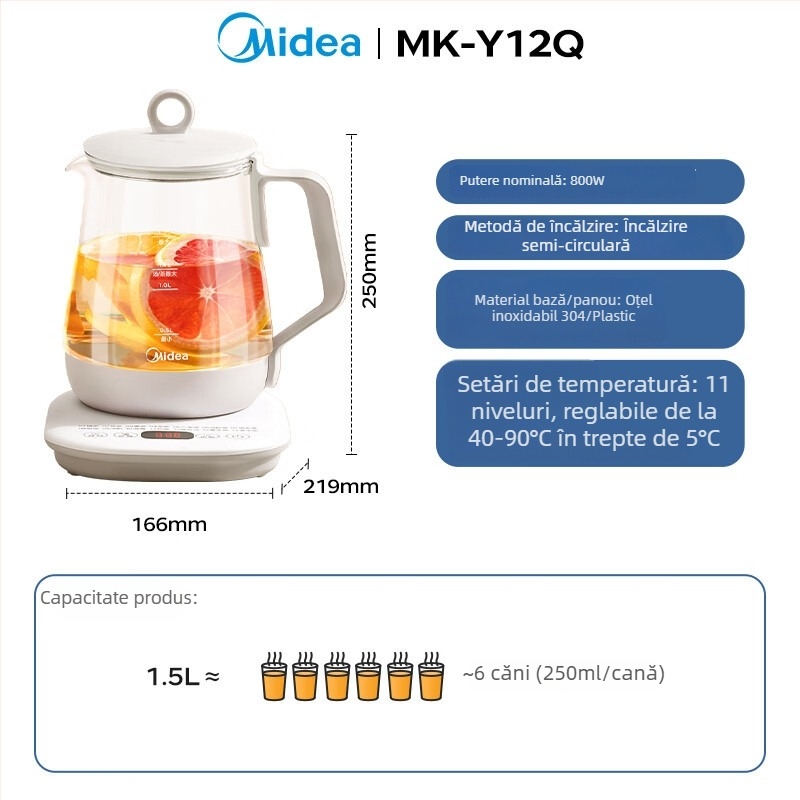 Ceainic din sticlă Health Pot MK-Y12Q, ceainic electric multifuncțional pentru casă și birou, 1,5 L