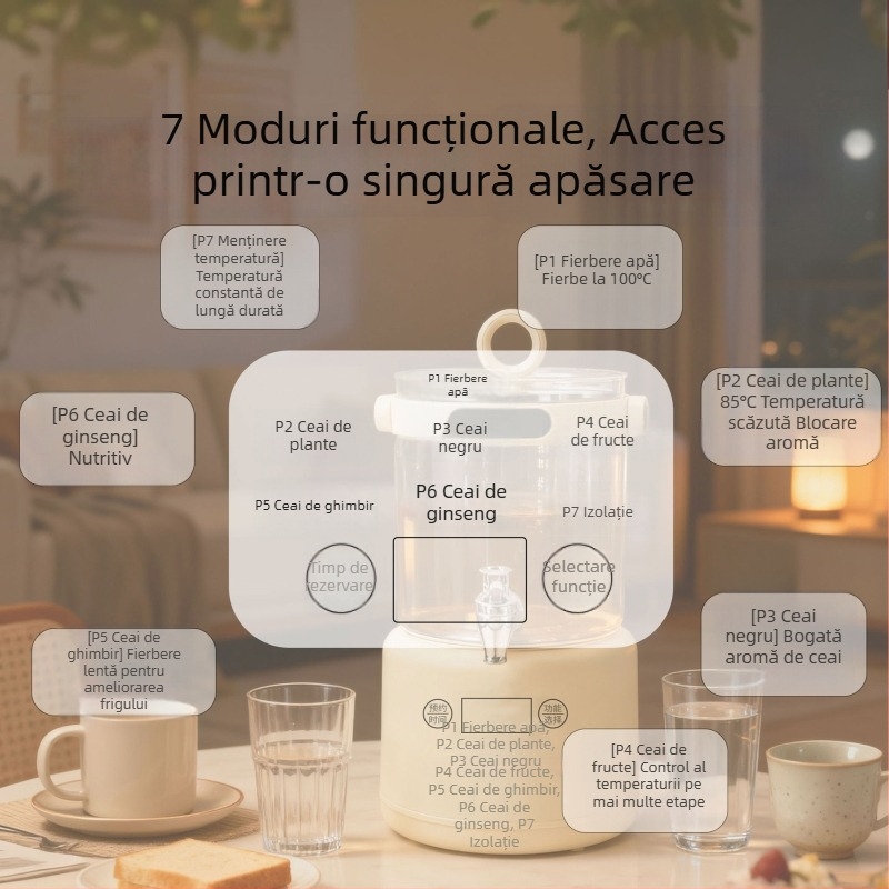 Ceainic de bucătărie de 3L, recipient multifuncțional cu compartiment detașabil, robinet, filtru și control digital al temperaturii