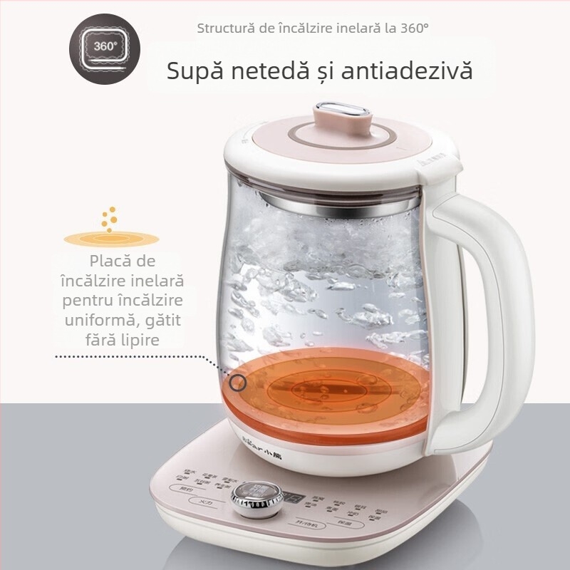 Little Bear YSH-C18S2 Oală de sănătate electrică pentru ceai cu vas de fierbere, 1.5–2 L, 220 V, 500–1000 W, Carcasă din sticlă borosilikat, Control prin buton, Termostat electronic