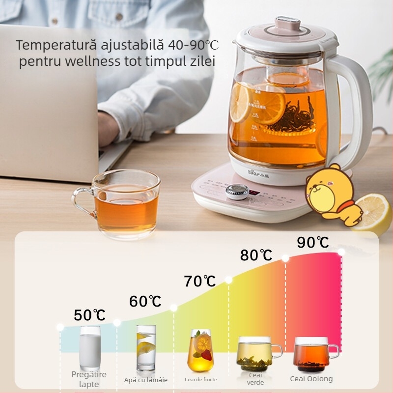 Little Bear YSH-C18S2 Oală de sănătate electrică pentru ceai cu vas de fierbere, 1.5–2 L, 220 V, 500–1000 W, Carcasă din sticlă borosilikat, Control prin buton, Termostat electronic