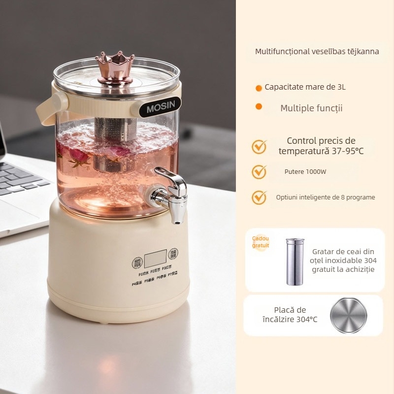 Pot de sănătate pentru ceai 2–3L, corp din sticlă borosilicată, 800W la 220V, control prin atingere