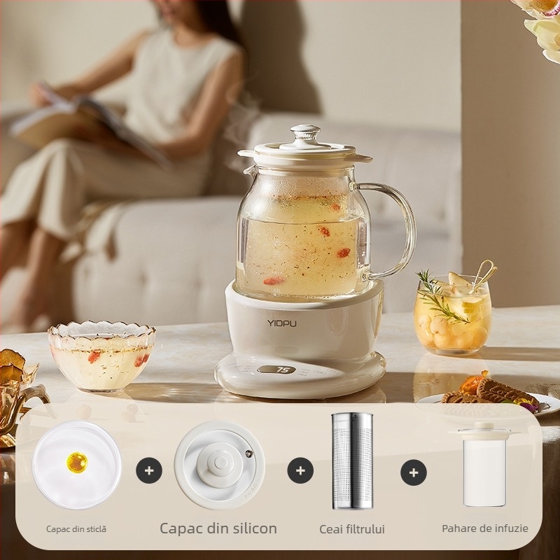 Yidepu Oală de Sănătate din Sticlă Integrală pentru Fierbere și Infuzare de Ceai, Ceainic Multifuncțional pentru Birou, cu Control Tactil și Reglare a Temperaturii