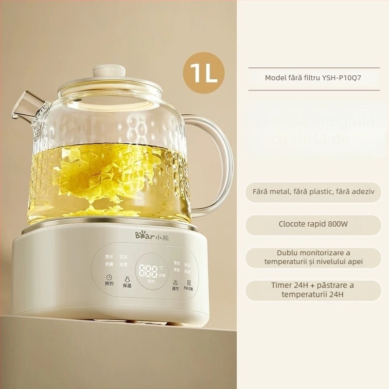 Ceainic de sănătate din sticlă borosilicată (Model YSH-P10R8 • Capacitate 1 L • Tensiune 220 V • Putere 500–1000 W)
