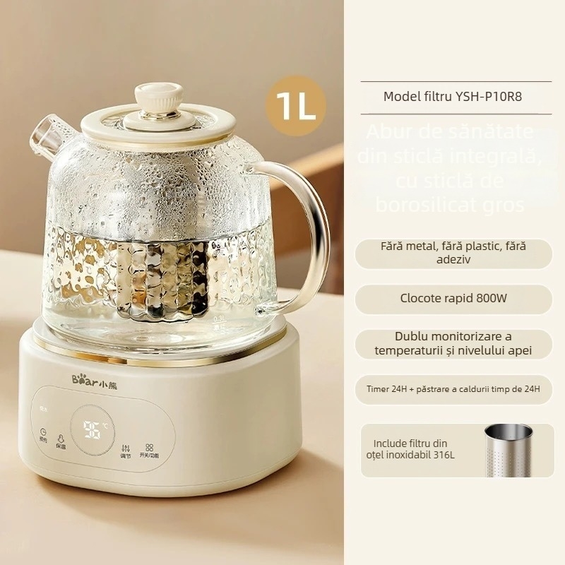 Ceainic de sănătate din sticlă borosilicată (Model YSH-P10R8 • Capacitate 1 L • Tensiune 220 V • Putere 500–1000 W)