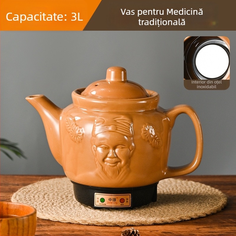 Vas de decoct pentru medicina tradițională chineză, corp din lut mov, vas intern ceramic, capacitate 2–3 L, 220 V, 300-350 W