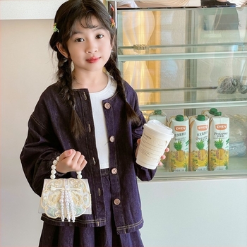 Geantă de umăr pentru fetițe, broderie, ciucuri din perle, curea lanț crossbody, căptușeală din poliester, potrivită pentru grădiniță