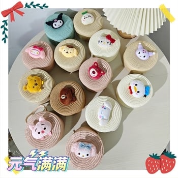 Geantă rotundă pentru copii din paie, cu imprimeu animale desen animate, fără căptușeală, pentru uz zilnic