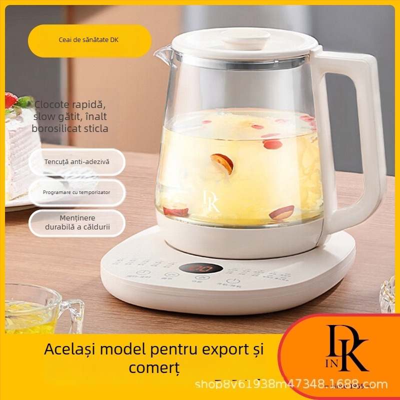 DK Oală inteligentă de sănătate pentru ceai și tocană — 1,5 L, sticlă borosilikat de înaltă calitate, 800W, control tactil, presetare programată