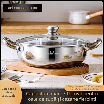 Vas pentru hot pot din oțel inoxidabil 18-10, cu fund plat, capacitate 2,1–4 L, compatibil cu plita universală