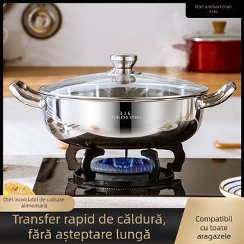 Vas pentru hot pot din oțel inoxidabil 18-10, cu fund plat, capacitate 2,1–4 L, compatibil cu plita universală