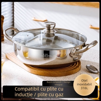 Vas pentru hot pot din oțel inoxidabil 18-10, cu fund plat, capacitate 2,1–4 L, compatibil cu plita universală