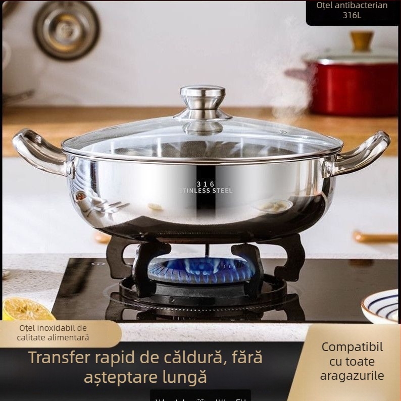 Vas pentru hot pot din oțel inoxidabil 18-10, cu fund plat, capacitate 2,1–4 L, compatibil cu plita universală