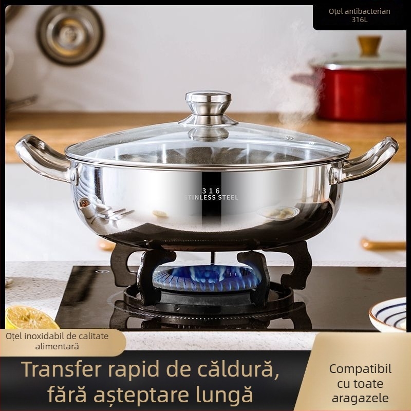Vas pentru hot pot din oțel inoxidabil 18-10, cu fund plat, capacitate 2,1–4 L, compatibil cu plita universală