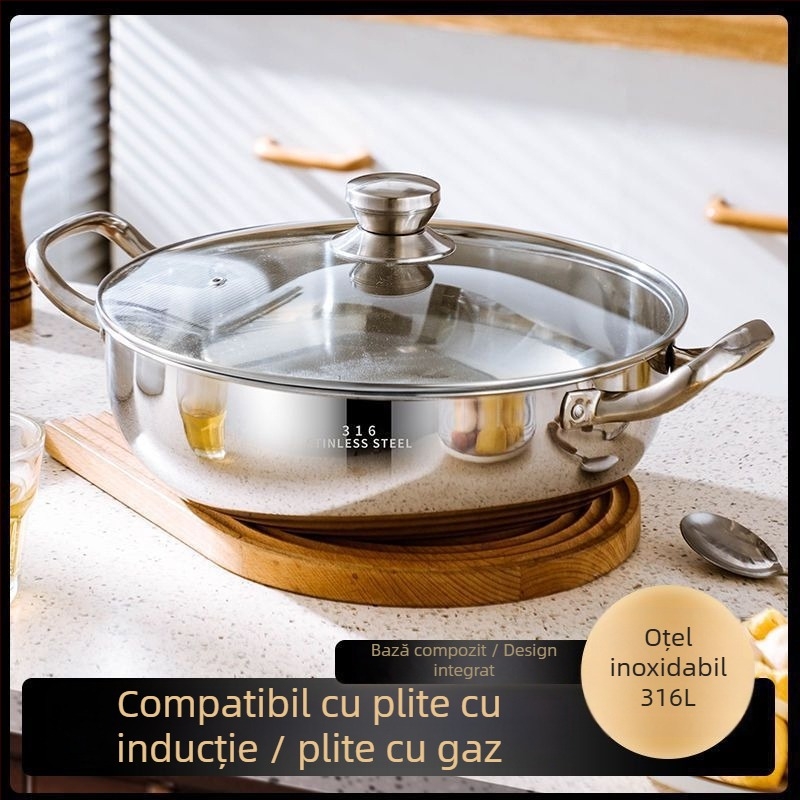 Vas pentru hot pot din oțel inoxidabil 18-10, cu fund plat, capacitate 2,1–4 L, compatibil cu plita universală