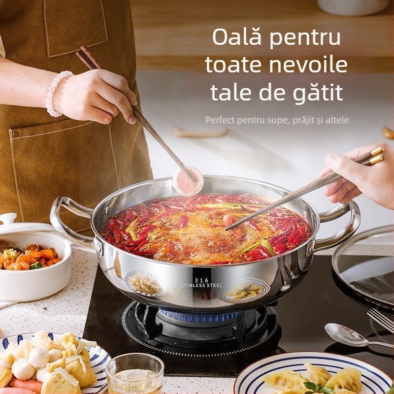 Vas pentru hot pot din oțel inoxidabil 18-10, cu fund plat, capacitate 2,1–4 L, compatibil cu plita universală