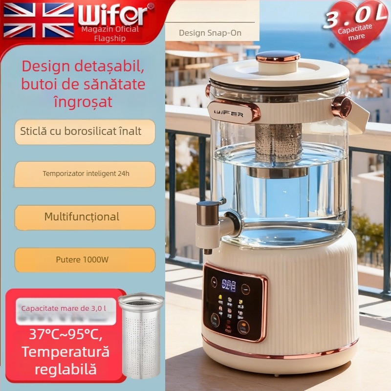 Ceainic pentru sănătate cu temperatură constantă, corp din sticlă, capacitate mare 1,5–2 L, robinet, compartiment separat pentru ceai de flori, aparat de preparare ceai multifuncțional pentru infuzare și fierbere.