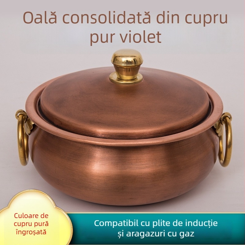 Oală din cupru pentru o persoană, capac din cupru, oală din cupru neacoperită pentru hot pot, model 16-27, compatibilă cu aragazuri generale