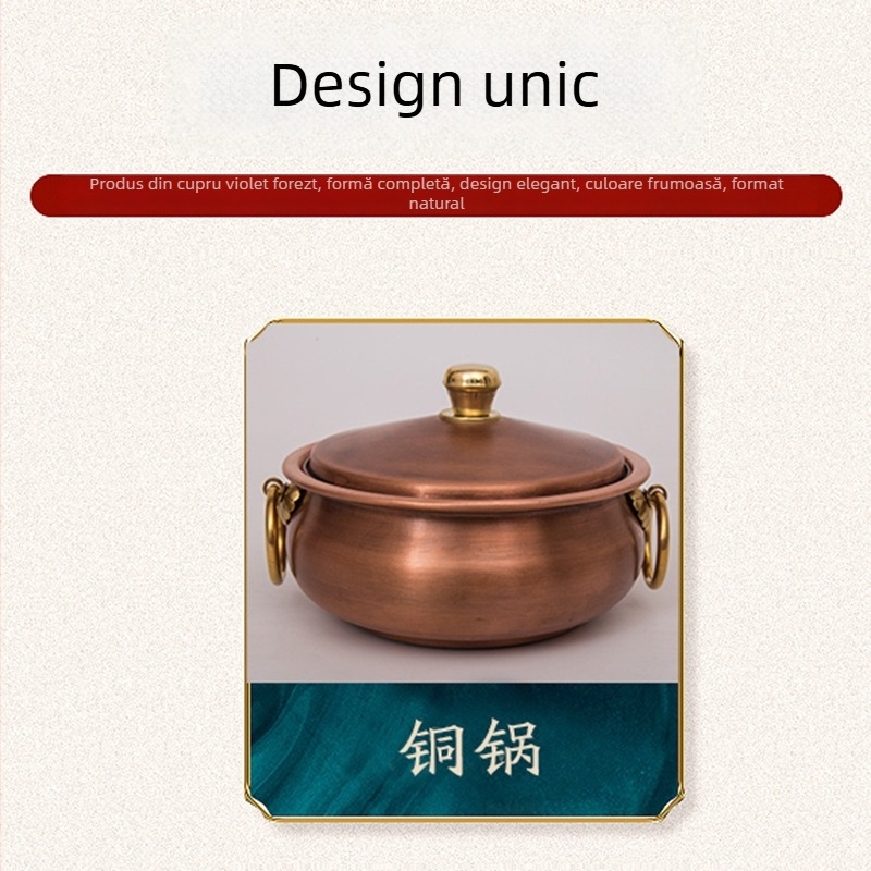Oală din cupru pentru o persoană, capac din cupru, oală din cupru neacoperită pentru hot pot, model 16-27, compatibilă cu aragazuri generale