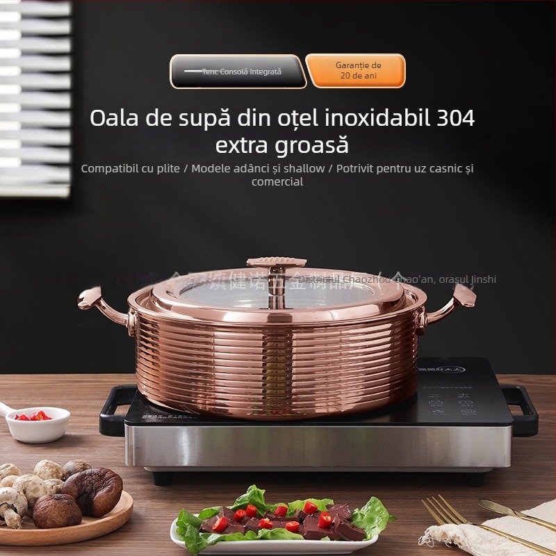 Vas pentru hot pot din oțel inoxidabil 304, bază din straturi compozite, neelectric, compatibil cu plite universale, capacități 2,1–4 L / 4,1–6 L / 6,1–10 L / 10 L+
