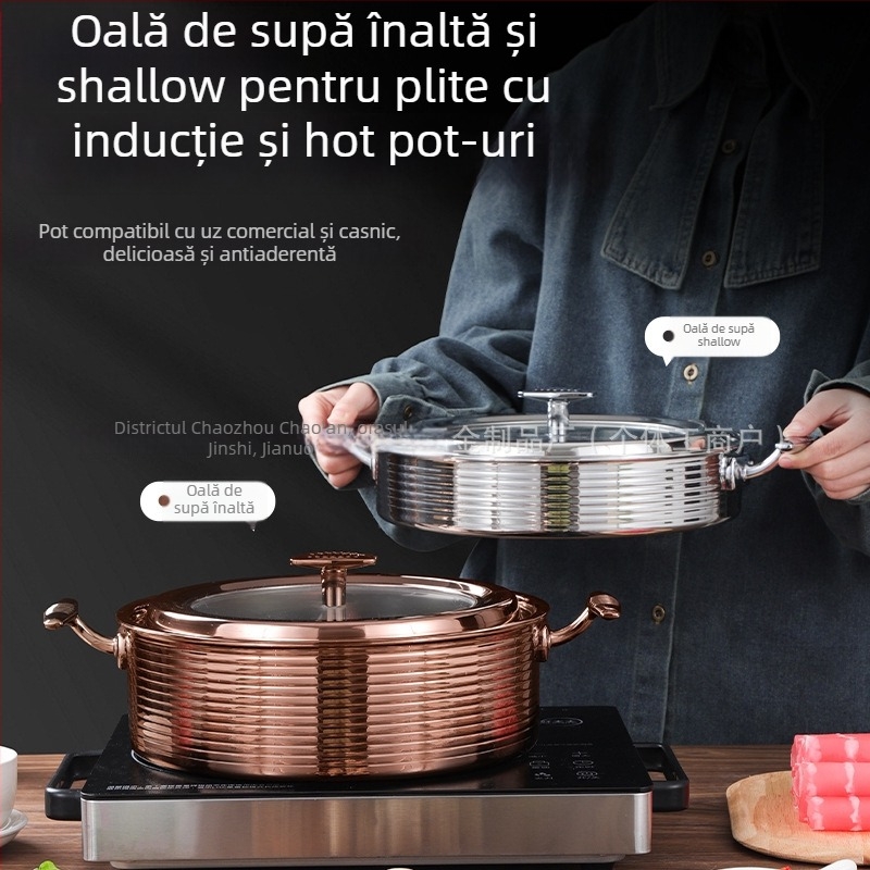 Vas pentru hot pot din oțel inoxidabil 304, bază din straturi compozite, neelectric, compatibil cu plite universale, capacități 2,1–4 L / 4,1–6 L / 6,1–10 L / 10 L+
